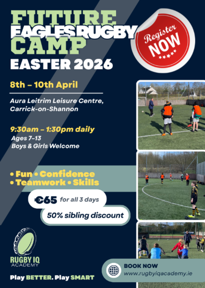 Promotional poster for Future Eagles Rugby Camp in Easter 2026 with registration details and images of children playing rugby.